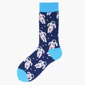 High-quality dark blue crew socks featuring a playful white astronaut pattern and light blue toe. - One Size / White Astronaut (65)