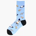Light blue mid-calf cotton socks featuring cartoon space rocket and planet patterns - One Size / Blue Black Contrast Space (66)