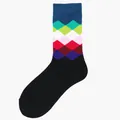 Stylish colorful argyle pattern cotton crew socks featuring black foot and blue cuff - One Size / Black Colorful Argyle (90)