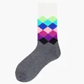 Unisex Harajuku style cotton crew socks featuring a vibrant colorful argyle diamond pattern - One Size / White Grey Multi-color Argyle (92)