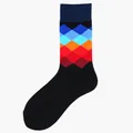 Men's cotton crew socks with vibrant colorful diamond pattern in Harajuku style - One Size / Black Colorful Argyle Pattern (93)