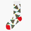 Festive white cotton crew socks featuring green Christmas tree patterns and red heels - One Size / White Christmas Tree (139)