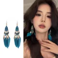 Detail view of retro ethnic style feather tassel earrings on a model and in isolation. - Waterdrop Drip Oil Tassel Style (1#)