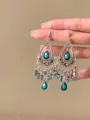 Close-up of vintage ethnic water drop earrings with teal crystals and bead tassels - Deep Teal Tassel Style (23#)