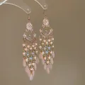 Bohemian style pink bead tassel earrings with gold-tone hooks and teardrop pendants - Champagne Drip Oil Style (27#)