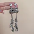 Close-up of vintage silver Jhumka earrings with intricate multi-layer tassel detail - Vintage Silver Bell Tassel Style (43#)