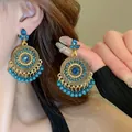 Ethnic style vintage blue rhinestone geometric drop earrings with beaded tassels - Blue Rhinestone Geometric Style (52#)