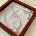 Elegant close-up of a vintage French-style necklace with pearls and zircon stones. - French Clavicle Chain / Necklace-Silver-White Pearl