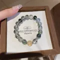 Elegante pulsera de cuentas de cuarzo fantasma verde con detalle de ámbar miel - Pulsera 67# (Con Caja de Regalo) / Cuarzo Rutilado Fantasma Verde