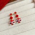 Festive traditional Chinese lion dance drop earrings with red pom-poms and gold plating - Red Flocking Lion Dance Style (87#) / Gold-Red