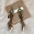 Macro shot of bohemian dreamcatcher earrings with feathers and beads on burlap. - Dreamcatcher Feather Tassel Style (57#)
