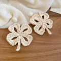 Handmade cream raffia woven four-leaf clover dangle earrings for a retro vacation look - Clover Style (31#) / Silver Needle / Off White