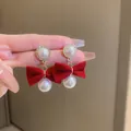 Elegant vintage red velvet bow earrings with teardrop faux pearls and rhinestone studs - Flocking Bowknot Rhinestone Artificial Pearl Stud Earrings (105#) / Red