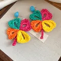 Handmade vibrant multi-color raffia woven flower drop earrings for summer vacation style - Handmade Multicolor Woven Flower Style (33#) / Silver Needle / Colorful