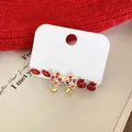 Set of three pairs of red festive stud earrings with lion dance and lucky motifs - Lion Dance and Lucky Bag Rich Character 3-Pair Set (83#) / 3 Pairs Set / Gold-Red