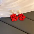 Elegant vintage red flocked dragon shaped stud earrings with white bead accents for women - Flocking Dragon Shape Vintage Stud Earrings (82#) / White-Red