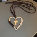 Hammered metal heart and cross pendant necklace with brown leather cord - Hammered Heart And Cross Style (3)