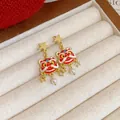 Exquisite red enamel lion dance earrings with gold stars and pearl drops for winter - Lion Dance Pentagram Artificial Pearl Tassel Drop Earrings (104#) / Red-Gold