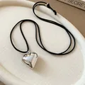 Elegant silver heart pendant necklace featuring a black adjustable leather cord for styling - Large 3D Mirror Heart Style (5)