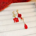 Asymmetric Chinese style earrings with red Fu and Fortune charms in golden finish - Chinese Style Lantern Shape (92#) / Red