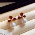 Vintage red flower stud earrings with elegant white pearls for women - Red Flower Artificial Pearl Style (109#) / Gold-Red