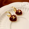 Elegant red flocked heart hoop earrings with vintage gold finish for autumn winter fashion - Retro Heart Triomphe Logo Style (107#) / Gold-Red