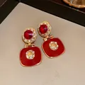 Elegant vintage red oil drip earrings featuring gold square drop and crystal accents - Square Drop Retro Style (108#) / Gold-Red