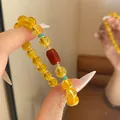 Elegante pulsera de cuentas amarillas hecha a mano con ágata roja y detalles azules - Pulsera 11# (Espaciador Azul y Con Caja de Regalo) / Citrina Ágata