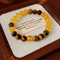 Handmade yellow citrine and brown tiger eye beaded bracelet in a wooden gift tray - Style 22 (Cat Eye Tiger Eye) / Yellow-Coffee