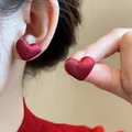 Elegant red flocked heart-shaped stud earrings featuring a vintage velvet texture for women - Red Heart Brushed Style (Silver Earring Post 32#)