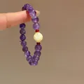 Pulsera de amatista para mujer con perla central de jade amarillo y detalles dorados - Pulsera 17# (Colgante de Carácter Fu y Con Caja de Regalo) / Amatista Púrpura Cuarzo Rutilado