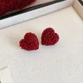 Handmade style red woven heart stud earrings featuring a vintage textured finish for women - Red Heart Wrapped Style (Silver Earring Post 37#)