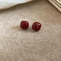 Vintage dark red rounded square stud earrings with a glossy drip oil finish for women - Red Enamel Square (Silver Earring Post 38#)