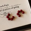 Elegant deep red beaded C-shaped stud earrings in a vintage style for women. - Red Round Style (Silver Earring Post 39#)