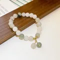 Elegante pulsera de cuarzo fresa y cuarzo fantasma verde con colgante de oro - Pulsera 44# (Colgante de Flor) / Blanco-Cuenta Redonda