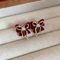 Elegant red velvet bow stud earrings with pearls and gold-tone rhinestone details - Bowknot Silver Earring Post Style (16#) / Red