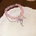 Pulsera de cuentas de cristal de fresa con dije de flor de plata y cadena en capas - Pulsera 28# (Colgante de Gota de Agua y Flor) / Cristal Rosa
