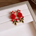 Elegant red rose and leaf earrings with rhinestones and pearls in pastoral style - Red Flower Silver Post Earrings