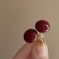 Elegant burgundy round drop oil stud earrings for autumn and winter vintage style - Round Silver Earring Post Style (23#) / Red