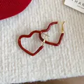 Elegant vintage red enamel wavy heart shaped hoop earrings for women on white soft background - Heart Silver Earring Post Style (17#) / Burgundy