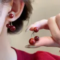 Elegant red cherry drop earrings with vintage golden stems for autumn and winter outfits - Round Bead Silver Earring Post Style (18#) / Burgundy