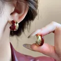 Elegant vintage red enamel and gold-tone C-shaped chunky hoop earrings shown on ear - C-shape Mixed Color Style (22#) (Silver Earring Post) / Red/Gold