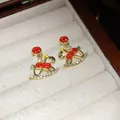 Traditional Chinese style gold rocking horse earrings with red enamel and clear zircons - Enamel Rocking Horse (26#)