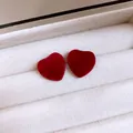 Elegant red velvet heart-shaped stud earrings displayed in a white jewelry gift box - Flocking Heart Style (67#) (Silver Earring Post) / Red