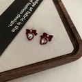 Elegant retro red velvet bow earrings featuring sparkling crystal heart-shaped pendants - Bowknot Heart Pendant Style (71#) (Silver Earring Post) / Red
