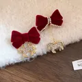 Elegant asymmetric red velvet bow earrings featuring sparkling rhinestone horse pendants. - Asymmetric Bow Horse (28#) / 925 Silver Needle / Gold Red