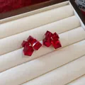Elegant red geometric cube crystal stud earrings in cream jewelry tray. - Geometric Cube Style (77#) (Silver Earring Post) / Red