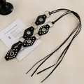 Vintage ethnic style black fabric waist chain featuring silver studs and long tassel straps - 74# Waist Chain - Black