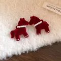 Elegant red velvet horse stud earrings with pearl collar and sparkling zircon hooves - Flocked Pearl Horse (21#)