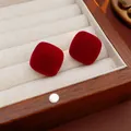 Elegant red velvet flocked rounded square stud earrings presented in a wooden box - Flocking Rounded Square Style (58#) (Silver Earring Post) / Red